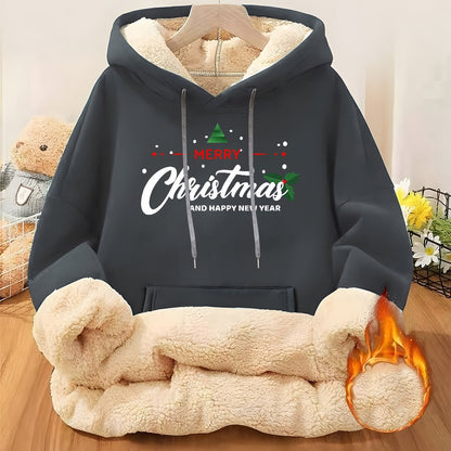 Women'S Plus Size Winter Warm Hooded Sweatshirt with Merry Christmas & Happy New Year Print - Thick Fleece-Lined Oversized Pullover, Cozy Casual Sweater for Christmas, Halloween Gifts, Christmas Sweatshirt, Festive Clothing,