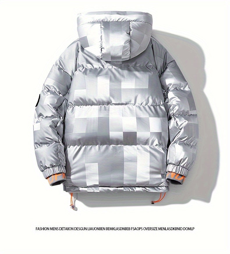 Men's Checkered Graphic Print Padded Outwear With Pockets, Casual Zip Up Long Sleeve Warm Hooded Outwear For Winter Outdoor Activities