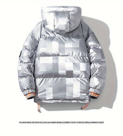 Men's Checkered Graphic Print Padded Outwear With Pockets, Casual Zip Up Long Sleeve Warm Hooded Outwear For Winter Outdoor Activities