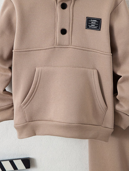 Boys' Cozy Fleece-Lined Hoodie & Sweatpants Set - Olive Green Casual Winter Outfit with Pockets, Thick Warmth for Fall & Winter, Regular Fit, Casual Attire, for Outdoor