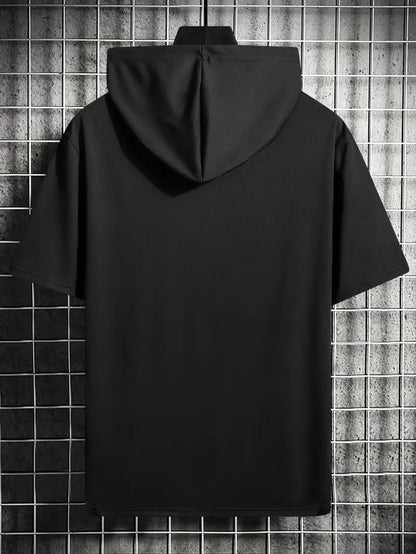 1pc Twisted Cool Men's Hooded Short Sleeve T-Shirt - Solid Black Casual Streetwear, Regular Fit, Hand Wash Only, Summer Essential for Everyday Comfort