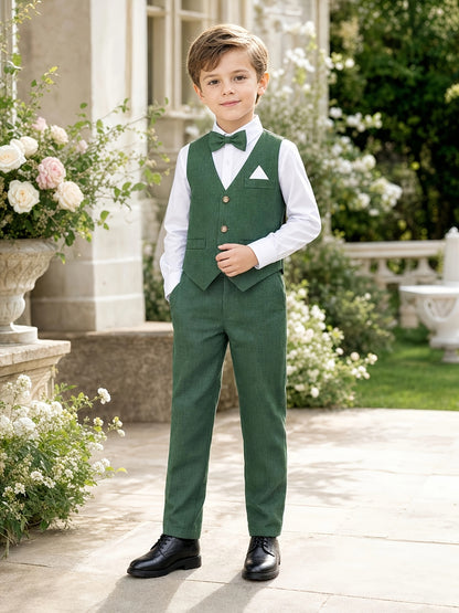 Boys' Formal Suit Set with Green Vest, White Shirt & Pants