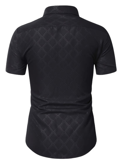 Men's Slim Fit Black Jacquard Short Sleeve Shirt for Summer