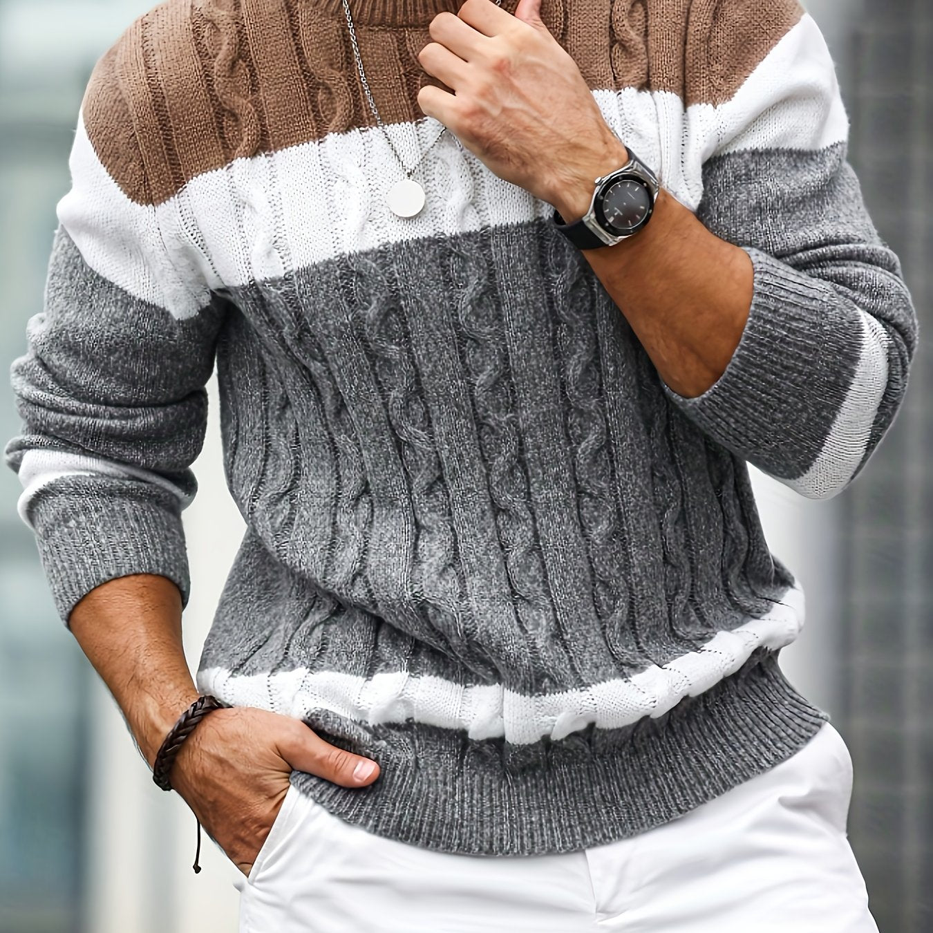 Men's Color-blocked Tweed Knitted Sweater, Round-neck Long-sleeved Knitted Color-blocked Light Gray for Business and Casual Outings