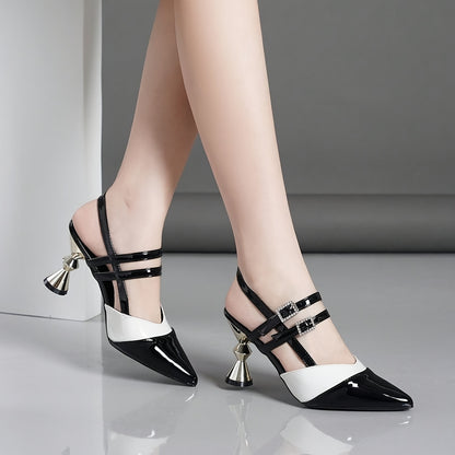 Women'S Black  White Block Heel Pumps - Pointed Toe, Synthetic Cover, Rubber Sole, High Heel Dress Shoes for Summer, Elegant Office  Formal Wear, High Heel Shoe