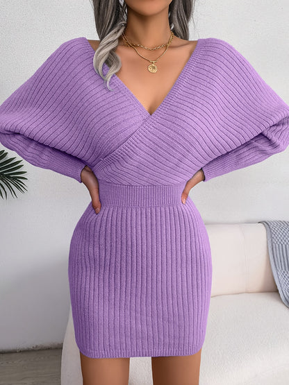 Sexy Cross V Neck Bodycon Sweater Dress, Batwing Sleeve Solid Criss Cross Neck Cross Sexy Dresses, Women'S Clothing