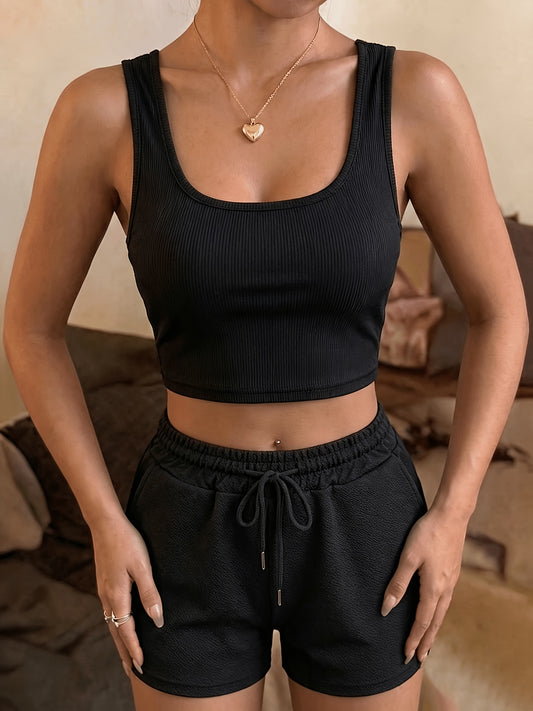 Women’s Sleeveless Crop Top and Drawstring Shorts Set - Summer Casual