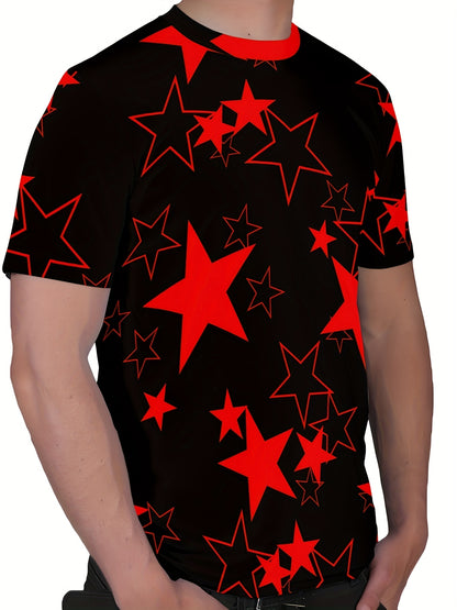 Men's Allover Color Blocking Stars Pattern Short Sleeve Crew Neck T-shirt For Summer, Casual Stylish Tee As Gift