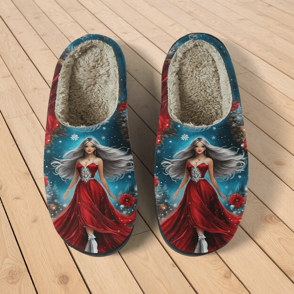 Women's Red Slippers with Red Dress Print - Winter Warm Soft Sole Slip-On Moccasins Suitable for Winter Parties, Christmas & New Year's Eve - Comfortable /Outdoor Footwear, European Style Fabric Upper & TPR Sole