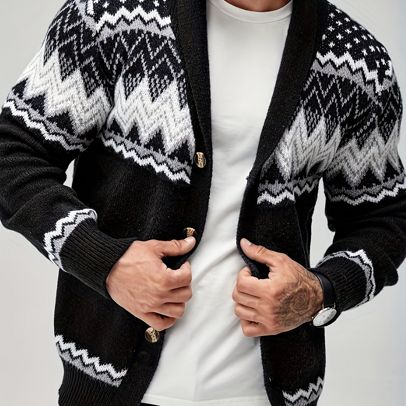 Men's Casual Geometric Pattern Cardigan Sweater - Navy Blue with White and Black Accents, Button-Up Collar, Machine Washable, Polyester for Fall/Winter