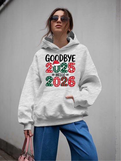 Women'S Hoodie - Goodbye 2025 Hello 2026 Sweatshirt with Christmas Countdown Design, Beige Pullover Hoodie, Front Pocket for Fall/Winter, Cozy Long Sleeve Sweater for New Year'S Eve & Everyday Winter Outfits - Perfect Gift fo