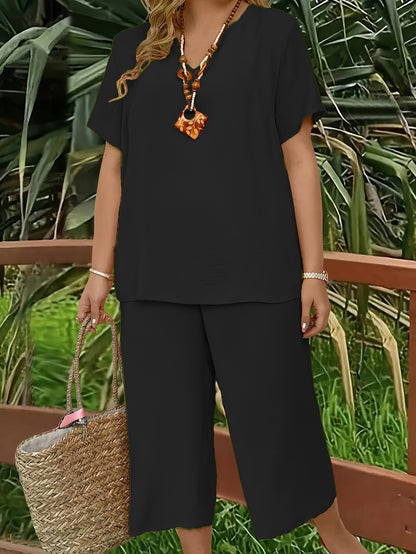 Women's Plus Size Suit, Elegant Solid Color Short Sleeve Top and Wide Leg Pants