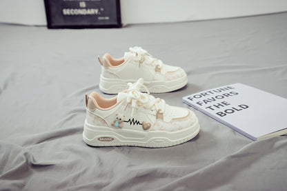 Women's White Mid-Top Sneakers with Bear  Heart Stripes Design - PU Cover  Upper, Thick Cushioned PVC Sole - Trendy Casual Shoes for All-Season Comfort