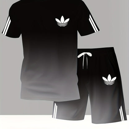 ADIDA Letter Set Short Sleeve + Shorts Two-Piece Men's Fashion Casual Round Neck T-Shirt Outfit, European Style Trendy Short Sleeve Set