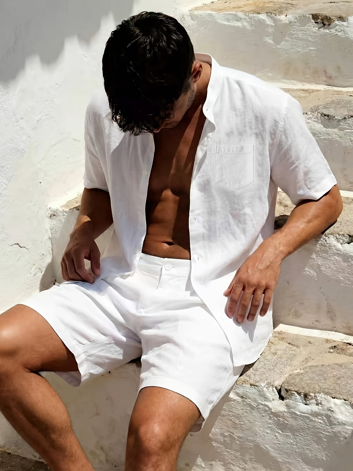 Men's Linen Short-Sleeve Shirt and Shorts Set for Summer Casual