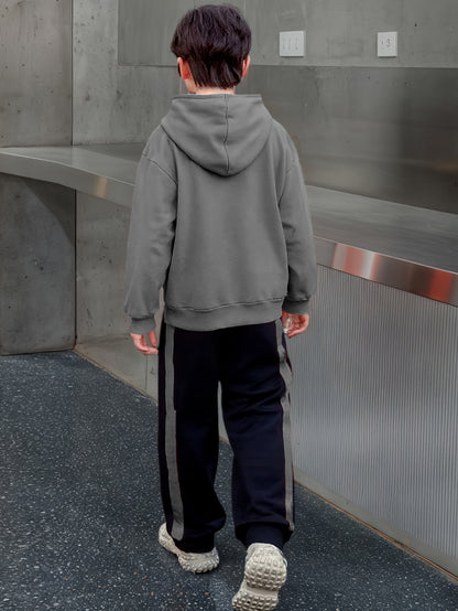 2pcs Boys' Winter Hooded Sweatsuit & Pants - Warm Sweater Outfit with Matching Long Pants, Colorblock Hoodie (Suitable for & Big Kids) - Machine Washable 2pcs set, Perfect for Outdoor