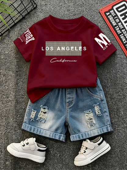 Summer Boys Los Angeles Print T-Shirt & Distressed Shorts Set