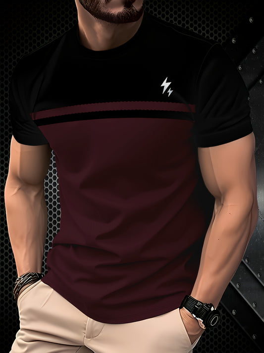 Men'S Casual 3DT-Shirt - Black  Red Striped Design, Short Sleeve, Round Neck, Regular Fit, All-Season Comfort, Comfortable Clothing   Stylish Striped Shirt   Smooth Texture Fabric