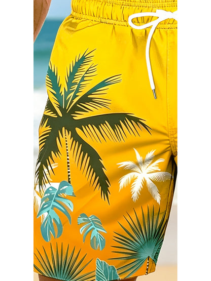 Plus Size Men's Palm Tree Print Beach Shorts, Breathable Polyester