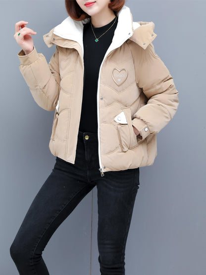 Women's Winter Hooded Jacket - Stylish Beige & White Zip-Up Coat with Heart Design, Warm Polyester Outerwear for Casual or Chic Looks, Winter Jacket