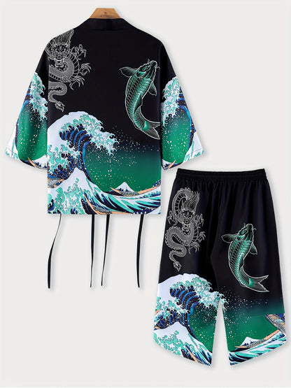 Men's Kimono Set with Carp Leaping Over the Dragon Gate Pattern