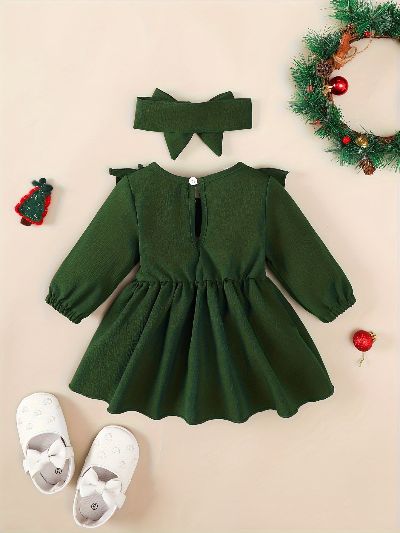 1-18 Months Girls' Red Dress | Christmas New Year Festival Party Wear with Headband, Princess Style, Autumn-Winter Collection, Crew Neck, Long Sleeve, Knee High, Flared Hem