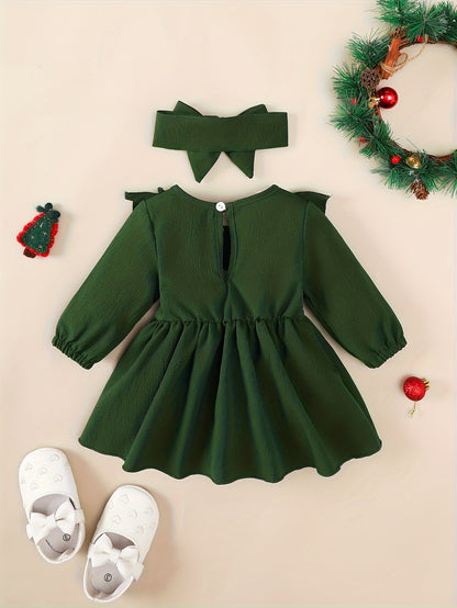 1-18 Months Girls' Red Dress | Christmas New Year Festival Party Wear with Headband, Princess Style, Autumn-Winter Collection, Crew Neck, Long Sleeve, Knee High, Flared Hem