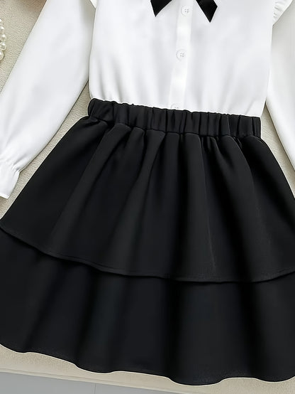 Girls' Preppy 2-Piece Top and Skirt Set with Bow Accent