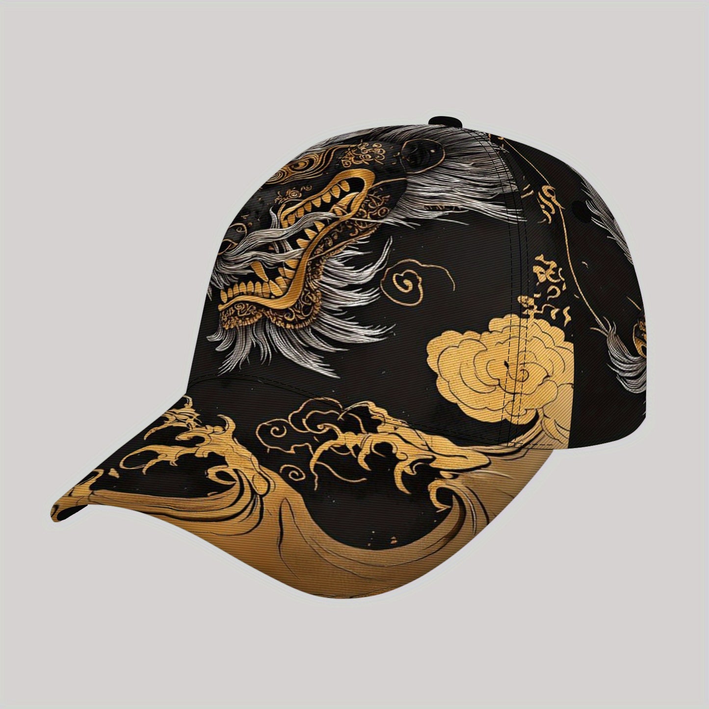 Stylish Dragon & Floral Print Baseball Cap - Breathable Lightweight Unisex Hat for Outdoor Sports, Casual Wear & Lunar New Year Festivities, Black with Golden/White Accents, Festive Headwear, Vibrant Patterned Cap, Comfortabl