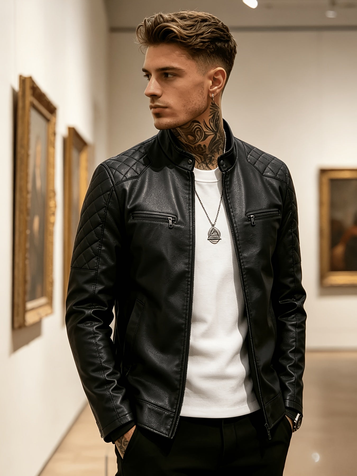 Men's PU Bomber Jacket with Stand Collar - Versatile Style