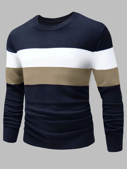 Men's Slim Fit Color Block Crew Neck Sweater for Fall/Winter