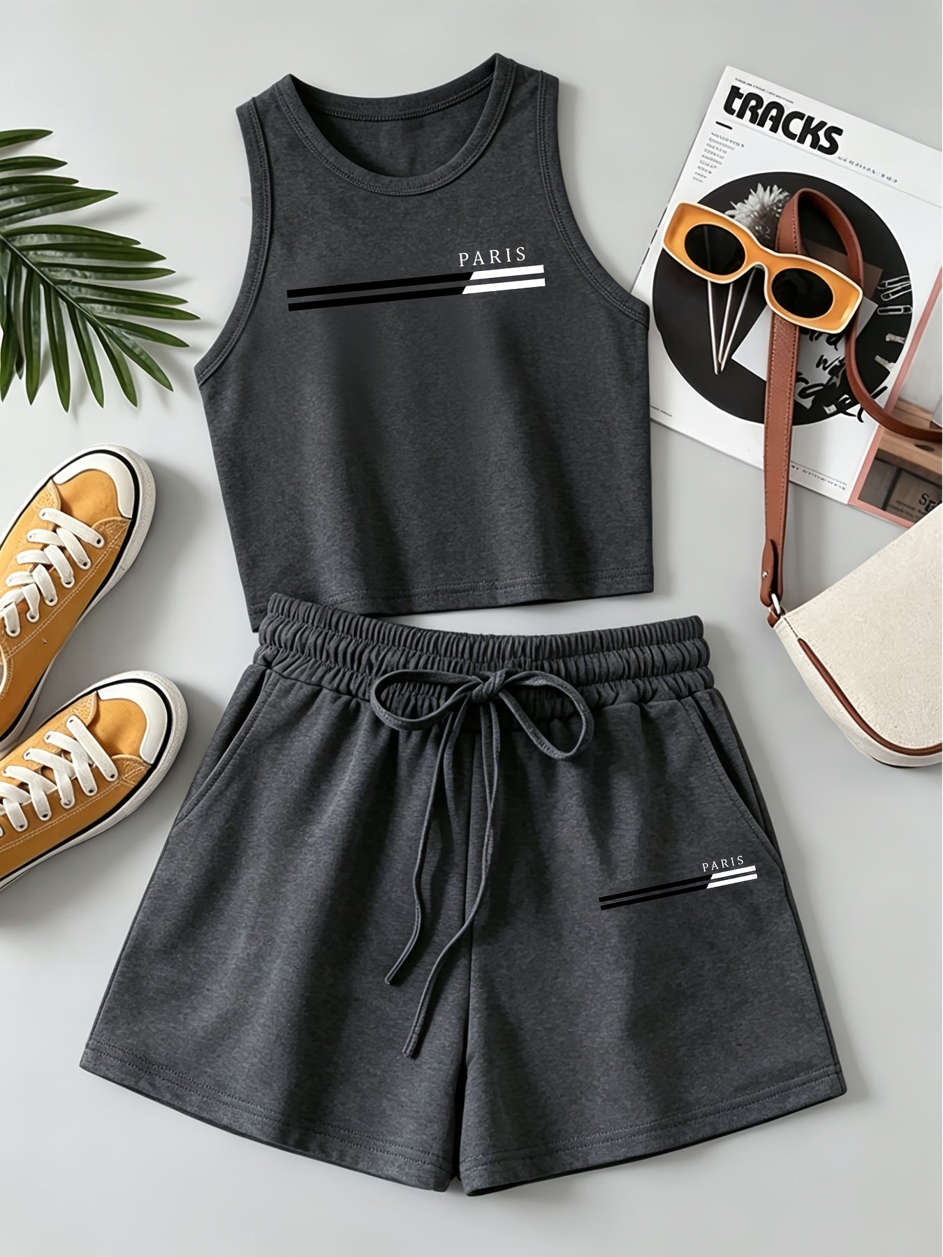 Women's Casual Two-Piece Set | Sleeveless Vest & Drawstring Shorts
