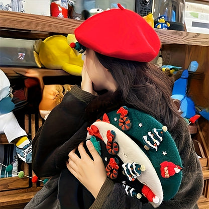 Women's Red Christmas Beret Hat with 3D Christmas Tree Decorations - Elastic Drawstring Closure, Lightweight Warm Winter Hat for Holiday Parties, Photo Shoots, Valentine's & New Year's Eve - Festive Movie-Inspired Fashion Acc