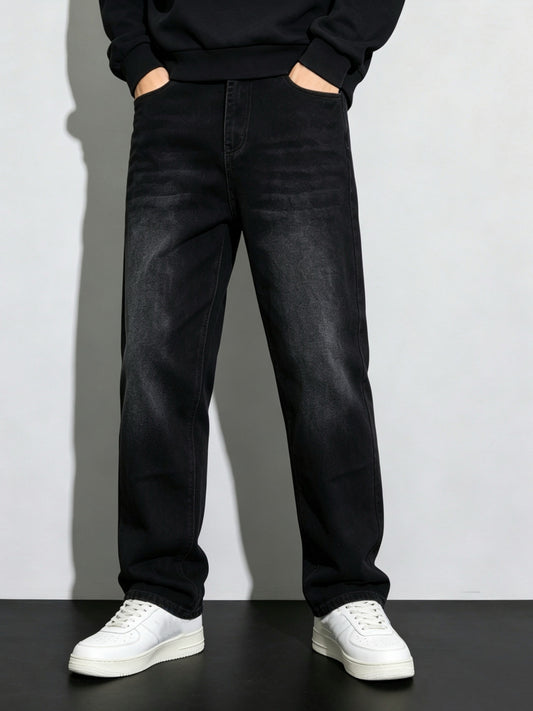 Boys' Black Washed Straight Leg Cargo Jeans, Soft Cotton Blend