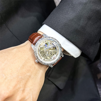 Vintage Hollow Carved Automatic Mechanical Men'S Watch, Fashionable Luxury Men'S Watch, High-end Thickened Mechanical Style Hip-Hop Party Wristwatch, Without Battery