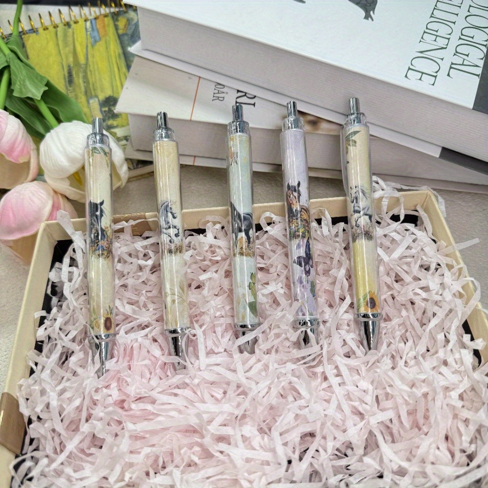5pcs Creative Horse Head Theme Ballpoint Pens with Black Ink, Plastic Body, Smooth Writing, Suitable for Office and Gifts, Stationery Supplies