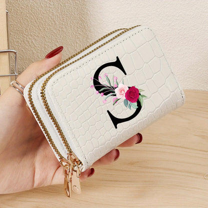 Minimalist Women'S Short Wallet Featuring a Double Zipper Design, with a Crocodile A-Z Letter Pattern. This Stylish Handbag Also Serves As a Fashionable Coin Wallet, Perfect for Travel, Back-To-School, Or Parties.