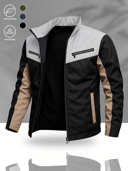 Men's Casual Color Block Stand Collar Jacket for Spring-Fall