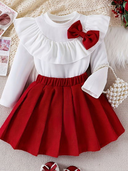 Girls' White Ruffled Sleeve Top & Red Pleated Skirt Set - Sweet Princess Style, Round Neck, Lightweight & Breathable Fabric, Perfect for Spring/Fall, Includes Matching Bow Tie, Ideal for Casual or Special Occasions, Princess
