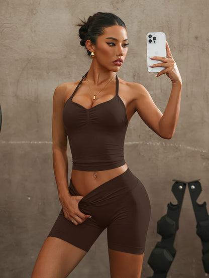 Dopamine-Style Halter Neck Two-Piece Set with Sports Shorts