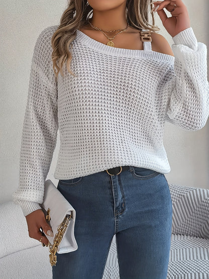 Casual And Versatile Long-Sleeve Sweater with Shoulder Cutouts And Metal Buttons for Autumn And Winter.