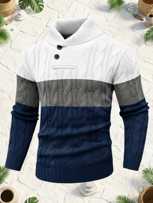 Men's Business Style Color-Block Sweater, Fashionable Trendy Spliced Large Lapel Pullover, Versatile Button-Design Sweatshirt