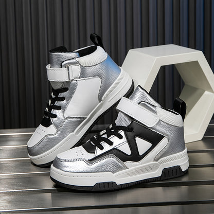 Youngsters' High-Top Sneakers with Hook-and-loop Fastener Closure - Vintage Geometric Print, Breathable & Non-Slip for Boys and Girls - Perfect for Running & Casual Wear