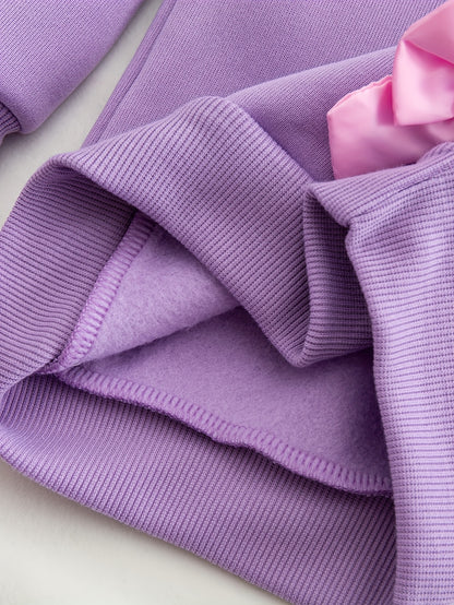 Autumn And Winter Girls' Fashion New Style Simple And Versatile Elegant Heart-Shaped Pattern Splicing Embroidery Bow Decoration Round Neck Long-Sleeved Top + Slim Stretch Leggings Casual Sports Two-Piece Set, Suitable for Out