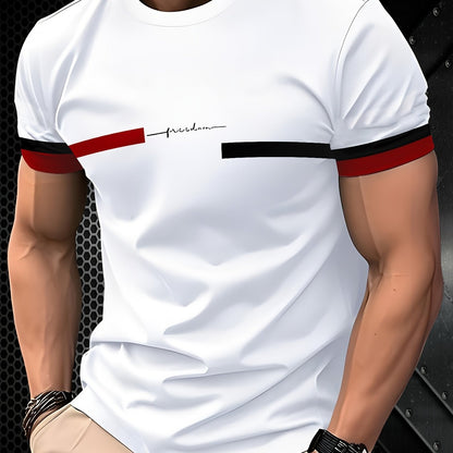 Men'S Casual Breathable T-Shirt - "Freedom" Graphic with Red  Black Stripes, Regular Fit Short Sleeve Tee for Outdoor Leisure, Comfortable Fabric, Casual Wear   Bold Graphic Tee   Comfortable Fit