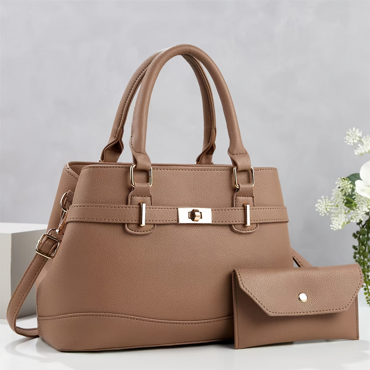 Women’s 2-Piece Faux Leather Quilted Bag Set with Removable Strap