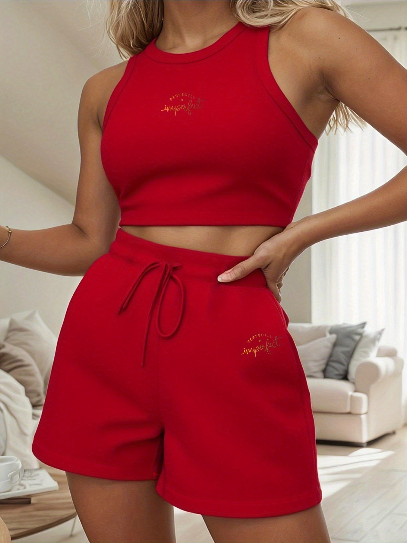Women's Casual Two-Piece Set with English Print, Short Sleeve & Wide L