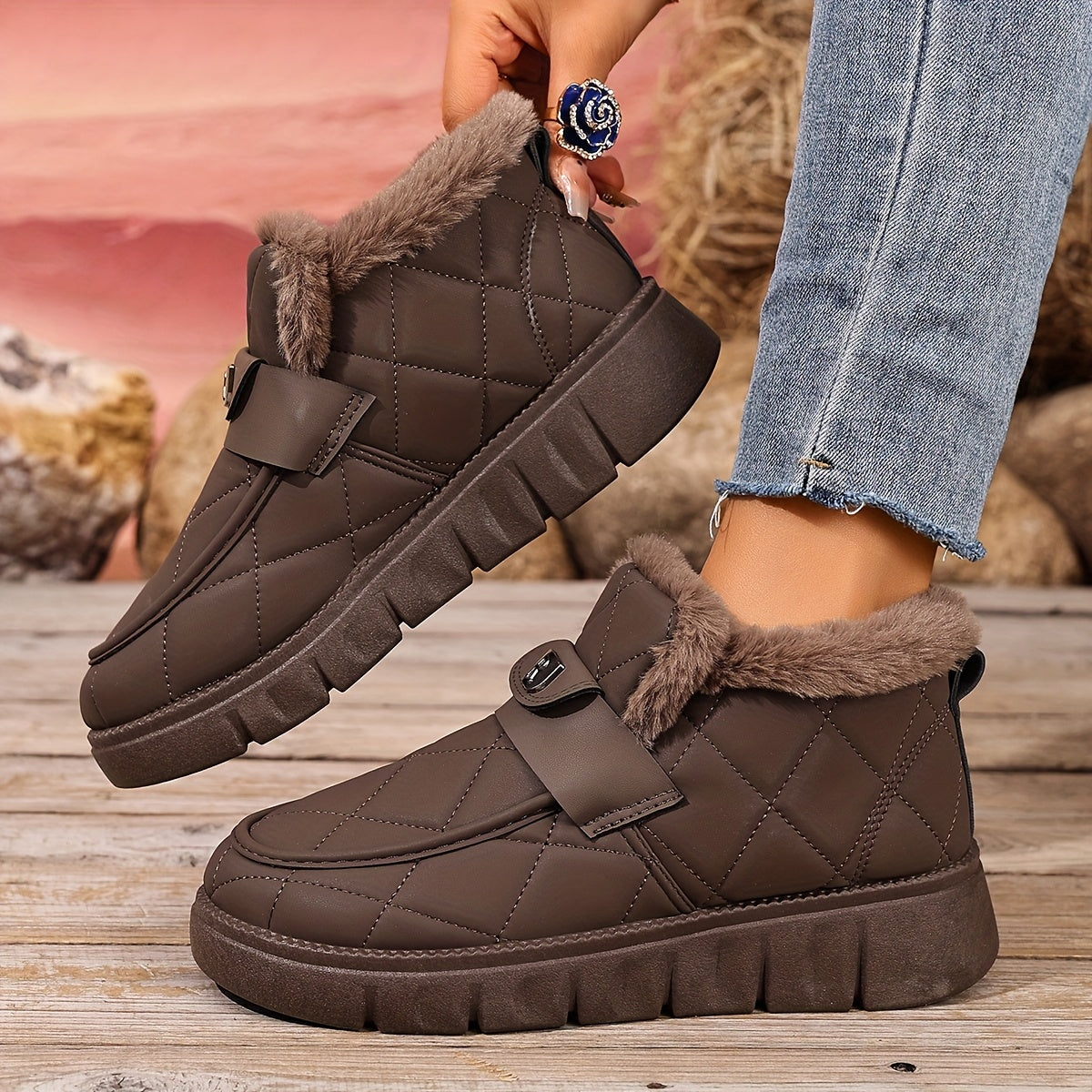 Autumn Winter Plush Lined Thick Warm Snow Boots, Versatile Outdoor Slip-On with Block Heel, Comfortable Round Toe for Casual Daily Use and Cold Weather Hiking