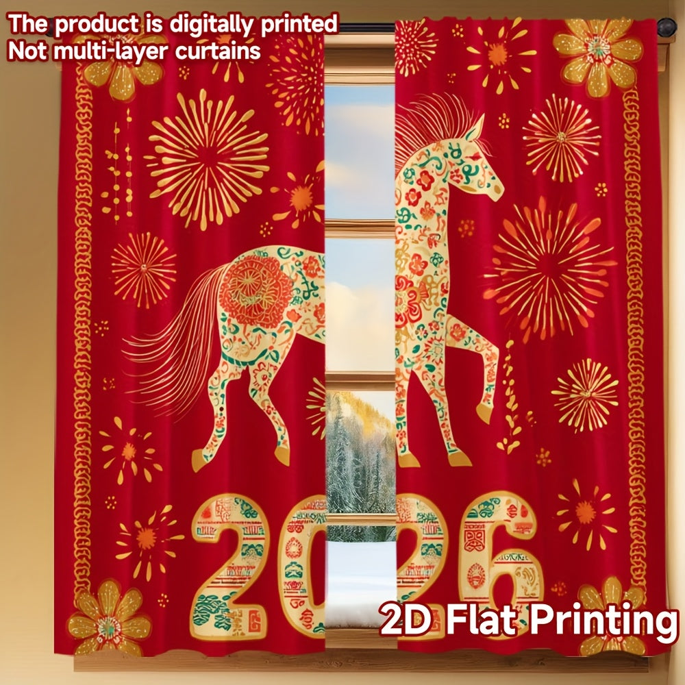 2D Flat, 2pcs, 2D Flat Printing New Year atmosphere curtains Festive Horse 2026 Celebration, Polyester, for Bedroom, Study, Living Room, Balcony, Office, Dormitory, Home Decoration, (rod free), 2D Flat, Celebration Setup, Sea