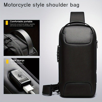 Oxford Fabric Waist Bag with USB Charging  Combination Lock - Sleek Black Crossbody for Men  Women, Ideal for Outdoor Activities  Motorcycle Riding, Perfect Valentine's or Father's Gift, Motorcycle Bag